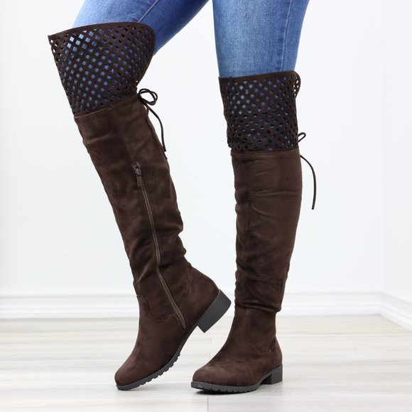 Brown Thigh High Over The Knee Flat Boots Faux Suede - Picture 2 of 14